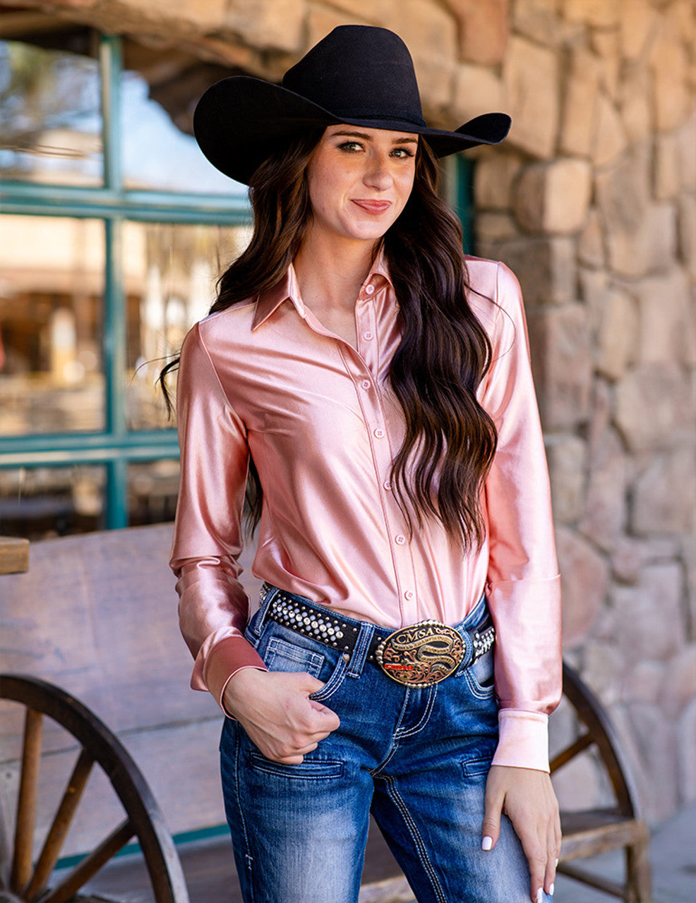 COWGIRL TUFF Pullover Button-Up (Champagne Light Pink Satin Lightweight Stretch)