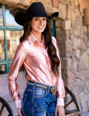 COWGIRL TUFF Pullover Button-Up (Champagne Light Pink Satin Lightweight Stretch)
