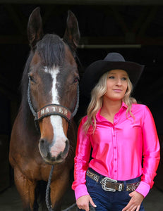 COWGIRL TUFF Pullover Button Up (Hot Pink Satin Lightweight Stretch)