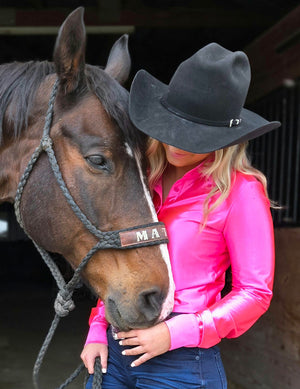 COWGIRL TUFF Pullover Button Up (Hot Pink Satin Lightweight Stretch)