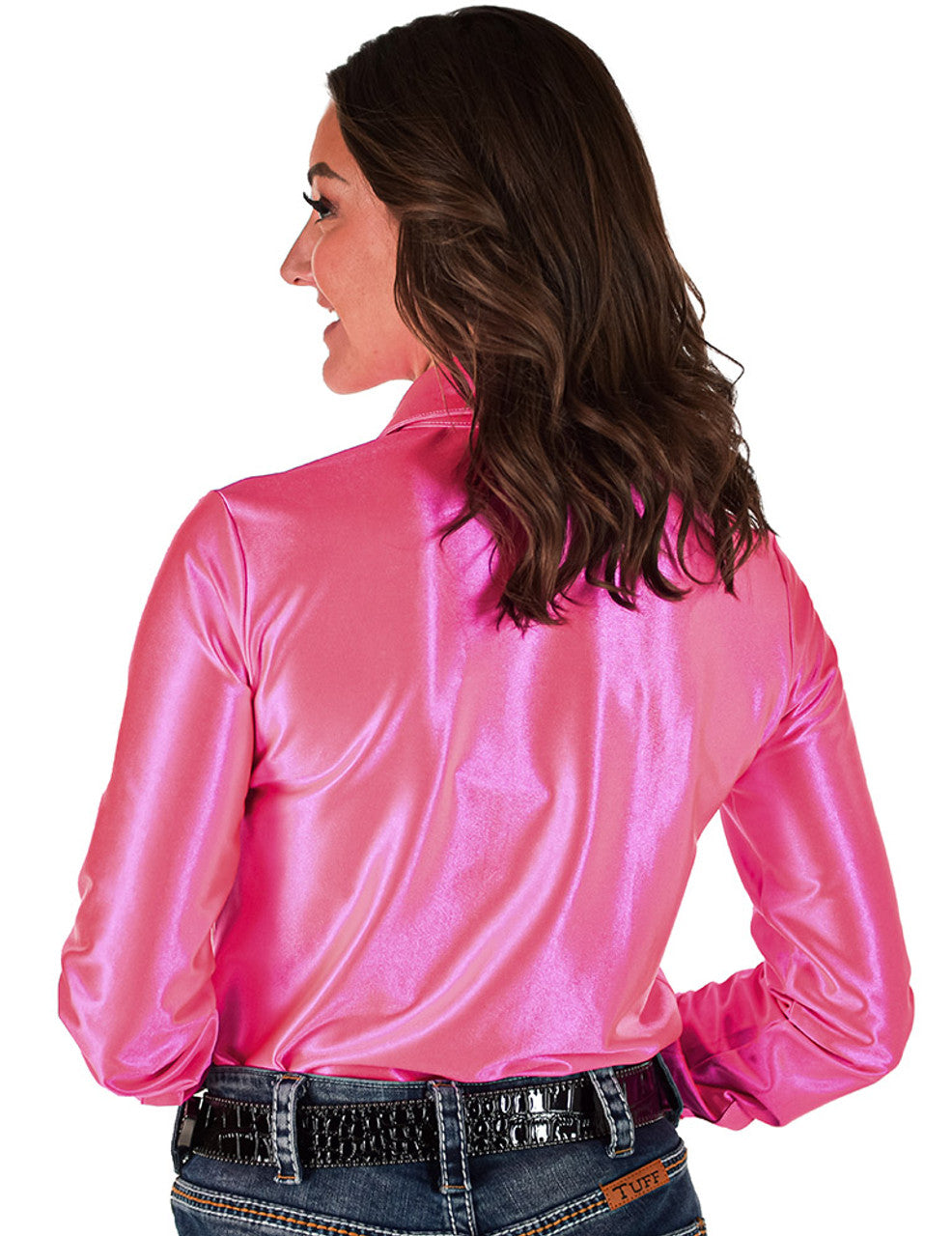 COWGIRL TUFF Pullover Button Up (Hot Pink Satin Lightweight Stretch)