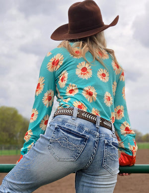 COWGIRL TUFF Pullover Button Up (Turquoise Floral Jersey Lightweight Stretch)