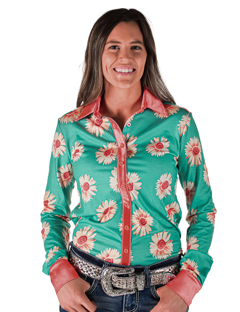 COWGIRL TUFF Pullover Button Up (Turquoise Floral Jersey Lightweight Stretch)