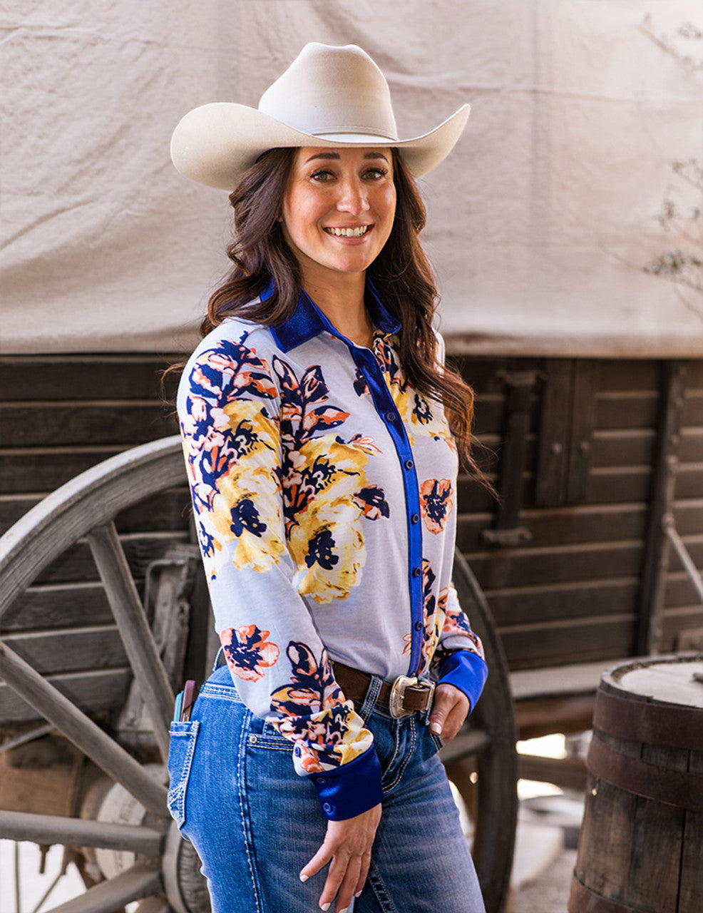 COWGIRL TUFF Pullover Button-Up (Light Blue Floral Jersey Lightweight Stretch)