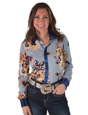 COWGIRL TUFF Pullover Button-Up (Light Blue Floral Jersey Lightweight Stretch)