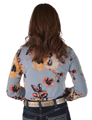 COWGIRL TUFF Pullover Button-Up (Light Blue Floral Jersey Lightweight Stretch)