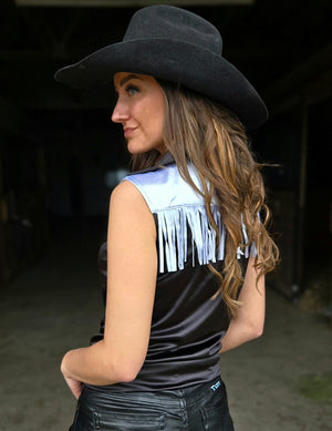 COWGIRL TUFF Sleeveless Button-Up (Black And White Satin Lightweight Stretch Jersey)