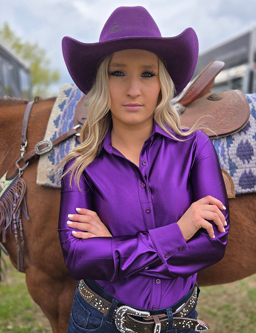 COWGIRL TUFF Pullover Button-Up (Prince Purple Satin Lightweight Stretch)
