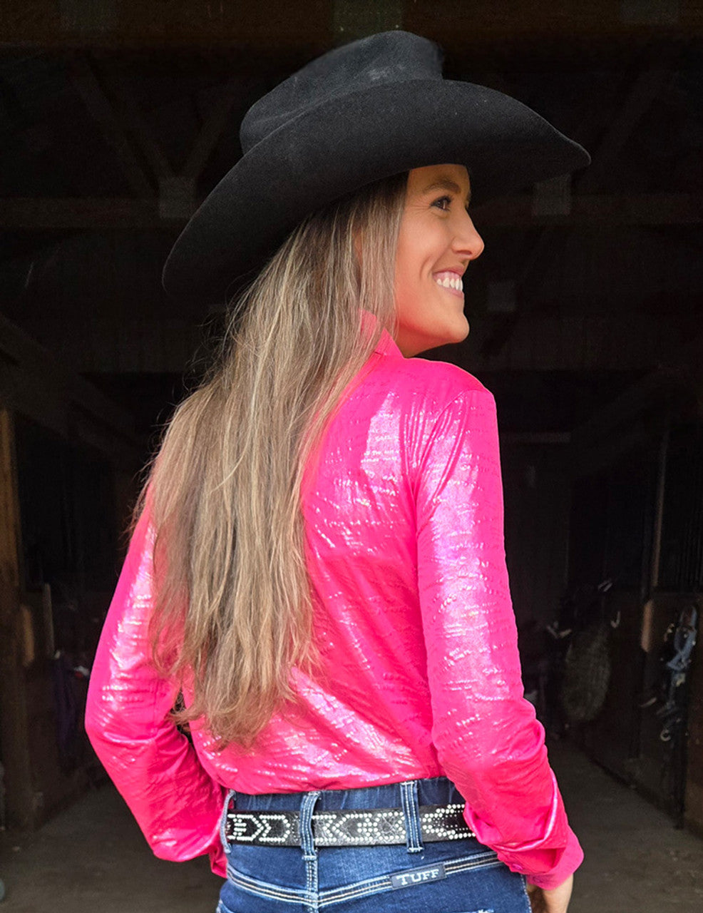 COWGIRL TUFF Pullover Button-Up (Wild Pink With Textured Shimmer Lightweight Stretch Jersey)