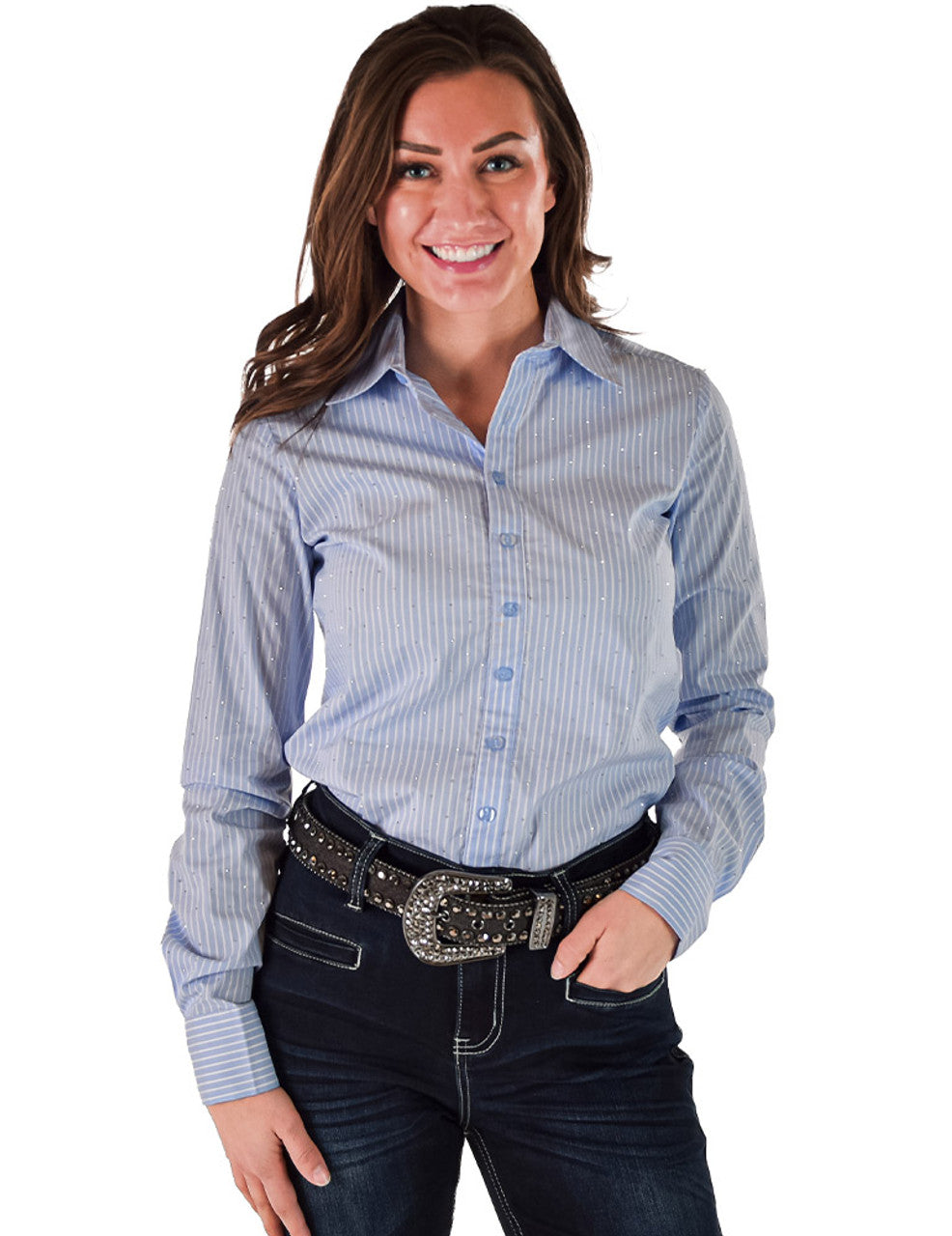 COWGIRL TUFF Pullover Button Up (Light Blue Candystripe With Allover Crystal Lightweight Stretch Jersey)