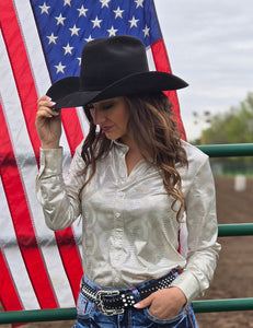 COWGIRL TUFF Pullover Button-Up (Cream Holographic Foil Lightweight Stretch Jersey)