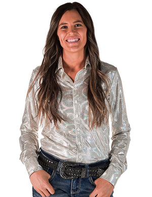 COWGIRL TUFF Pullover Button-Up (Cream Holographic Foil Lightweight Stretch Jersey)