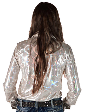 COWGIRL TUFF Pullover Button-Up (Cream Holographic Foil Lightweight Stretch Jersey)