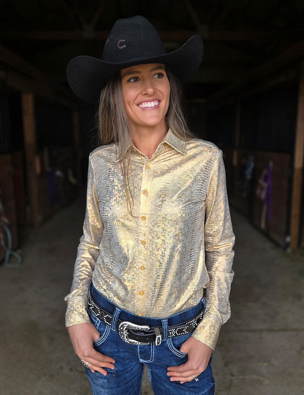 COWGIRL TUFF Pullover Button-Up (Gold Holographic Foil Lightweight Stretch Jersey)