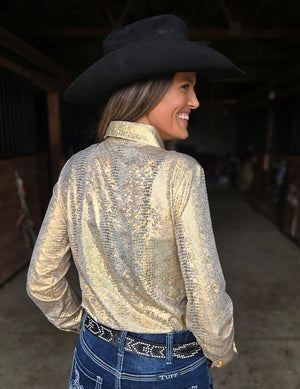 COWGIRL TUFF Pullover Button-Up (Gold Holographic Foil Lightweight Stretch Jersey)