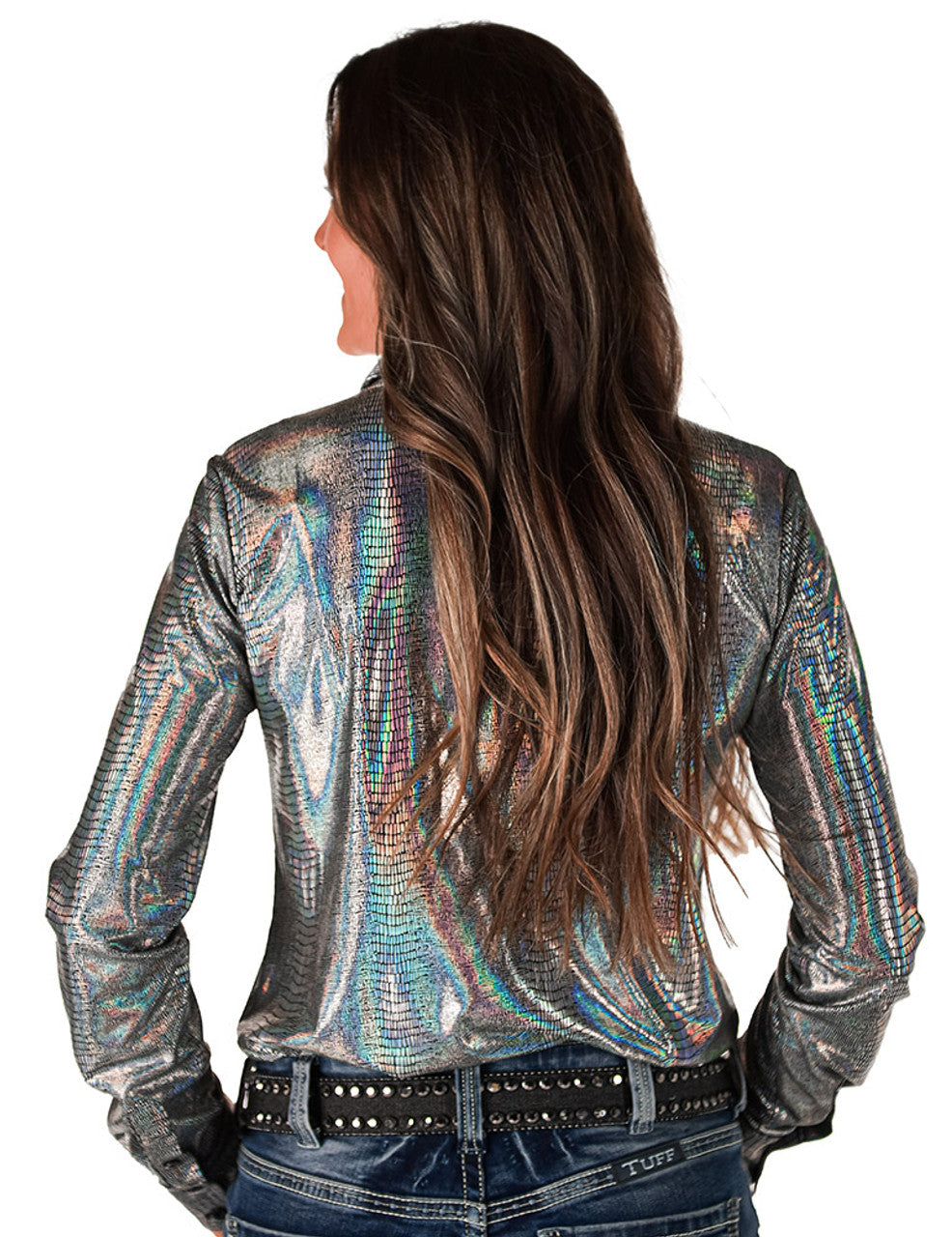 COWGIRL TUFF Pullover Button-Up (Silver Holographic Foil Lightweight Stretch Jersey)