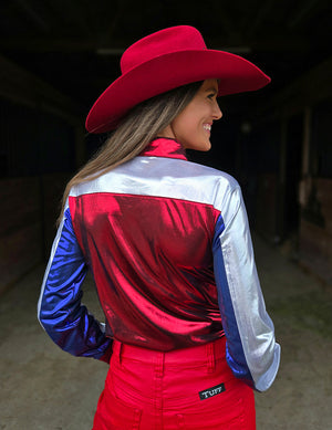 COWGIRL TUFF Pullover Button-Up (Red With White And Blue Americana Lightweight Stretch Jersey)