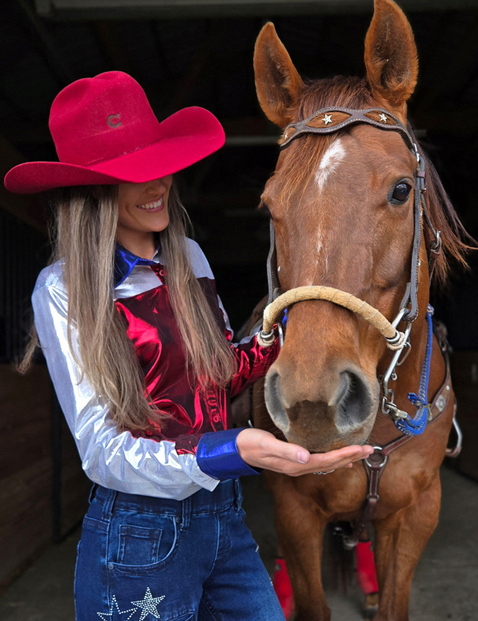 COWGIRL TUFF Pullover Button Up (Blue With Red And White Americana Lightweight Stretch Jersey)