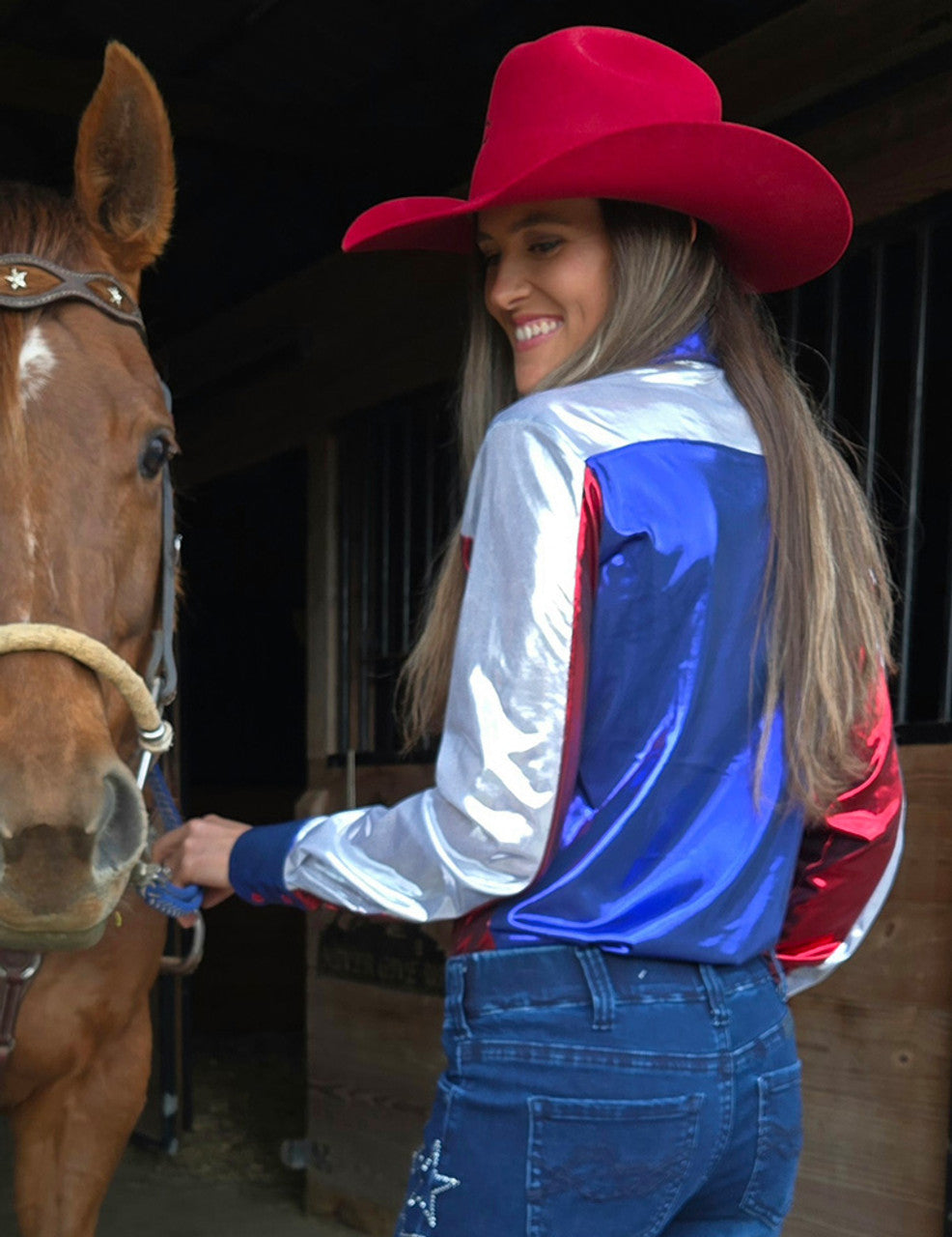 COWGIRL TUFF Pullover Button Up (Blue With Red And White Americana Lightweight Stretch Jersey)