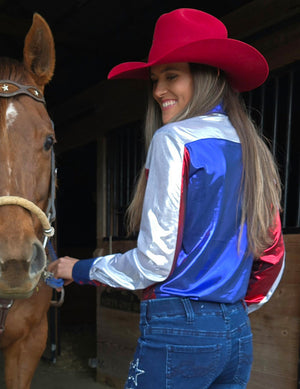 COWGIRL TUFF Pullover Button Up (Blue With Red And White Americana Lightweight Stretch Jersey)