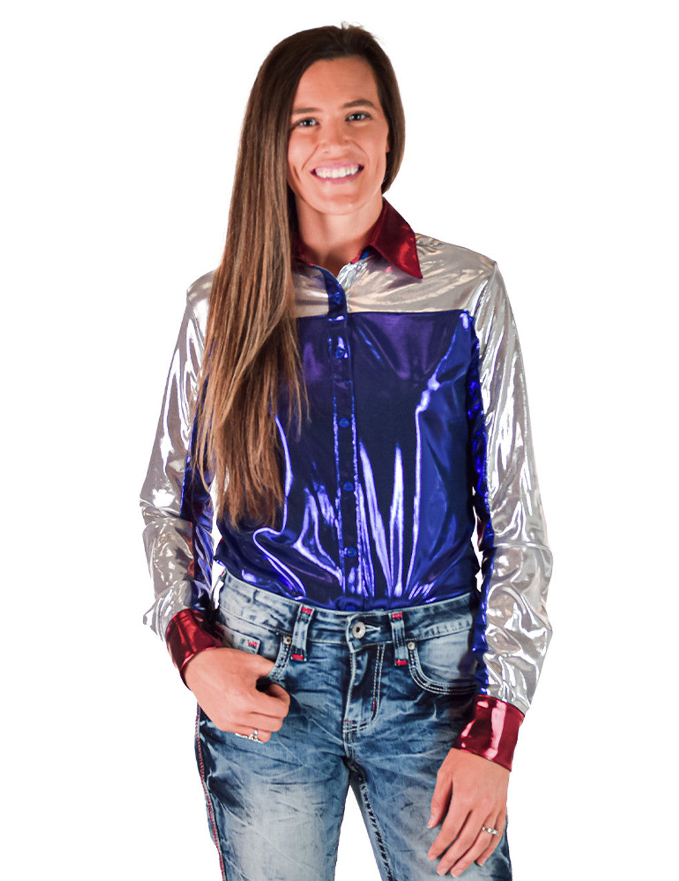 COWGIRL TUFF Pullover Button-Up (Red With White And Blue Americana Lightweight Stretch Jersey)