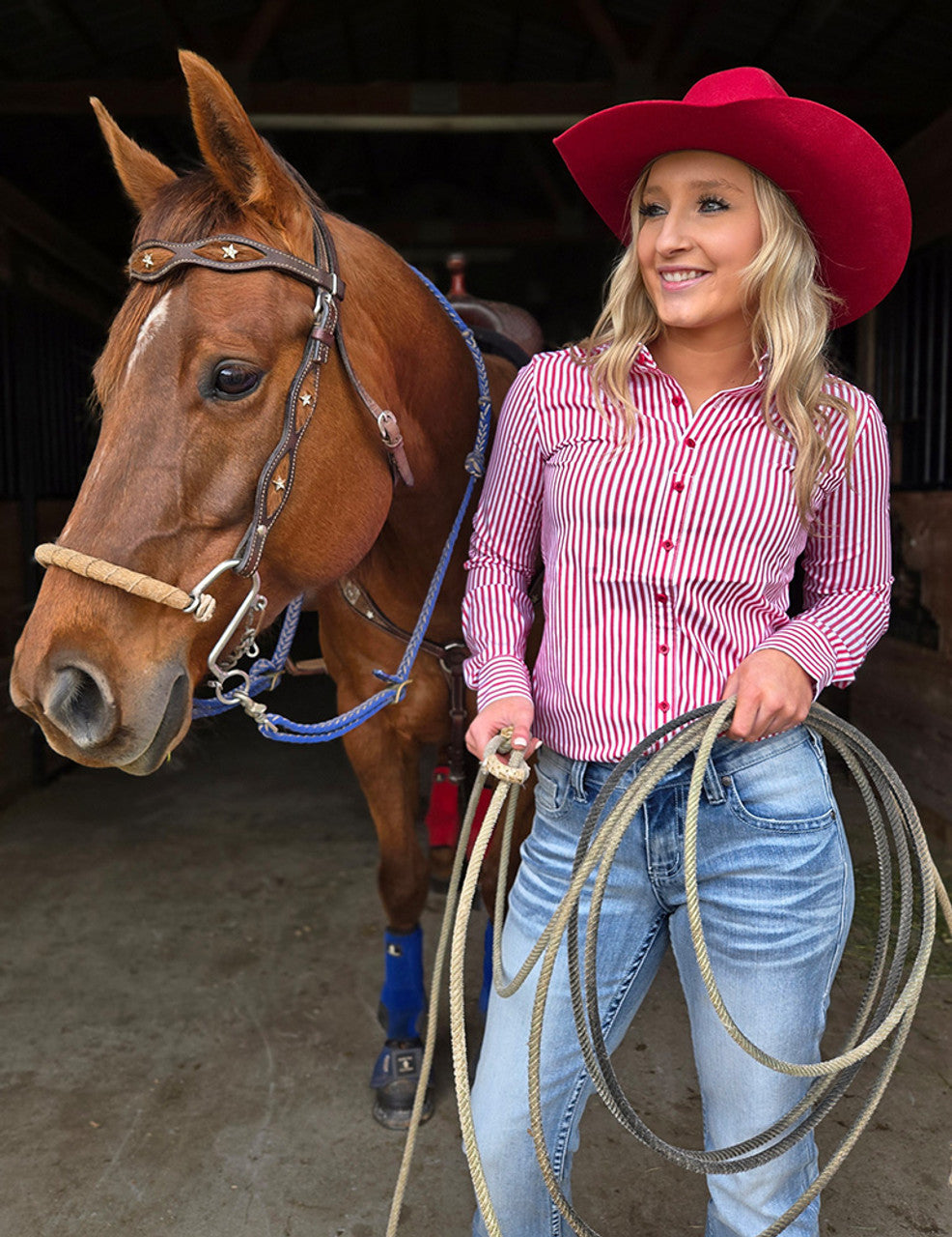 COWGIRL TUFF Pullover Button Up (Red Candystripe Lightweight Stretch Jersey)