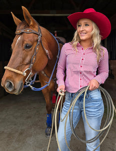 COWGIRL TUFF Pullover Button Up (Red Candystripe Lightweight Stretch Jersey)