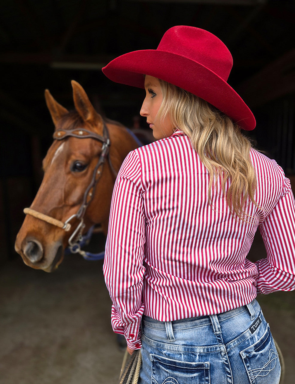 COWGIRL TUFF Pullover Button Up (Red Candystripe Lightweight Stretch Jersey)