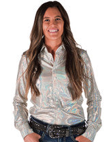COWGIRL TUFF Pullover Button Up (Cream With Silver Foil Houndstooth Lightweight Stretch Jersey)