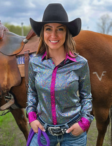 COWGIRL TUFF Pullover Button-Up (Multicolor Foil With Pink Accents Lightweight Stretch Jersey)