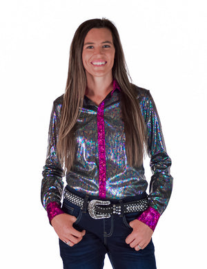 COWGIRL TUFF Pullover Button-Up (Multicolor Foil With Pink Accents Lightweight Stretch Jersey)