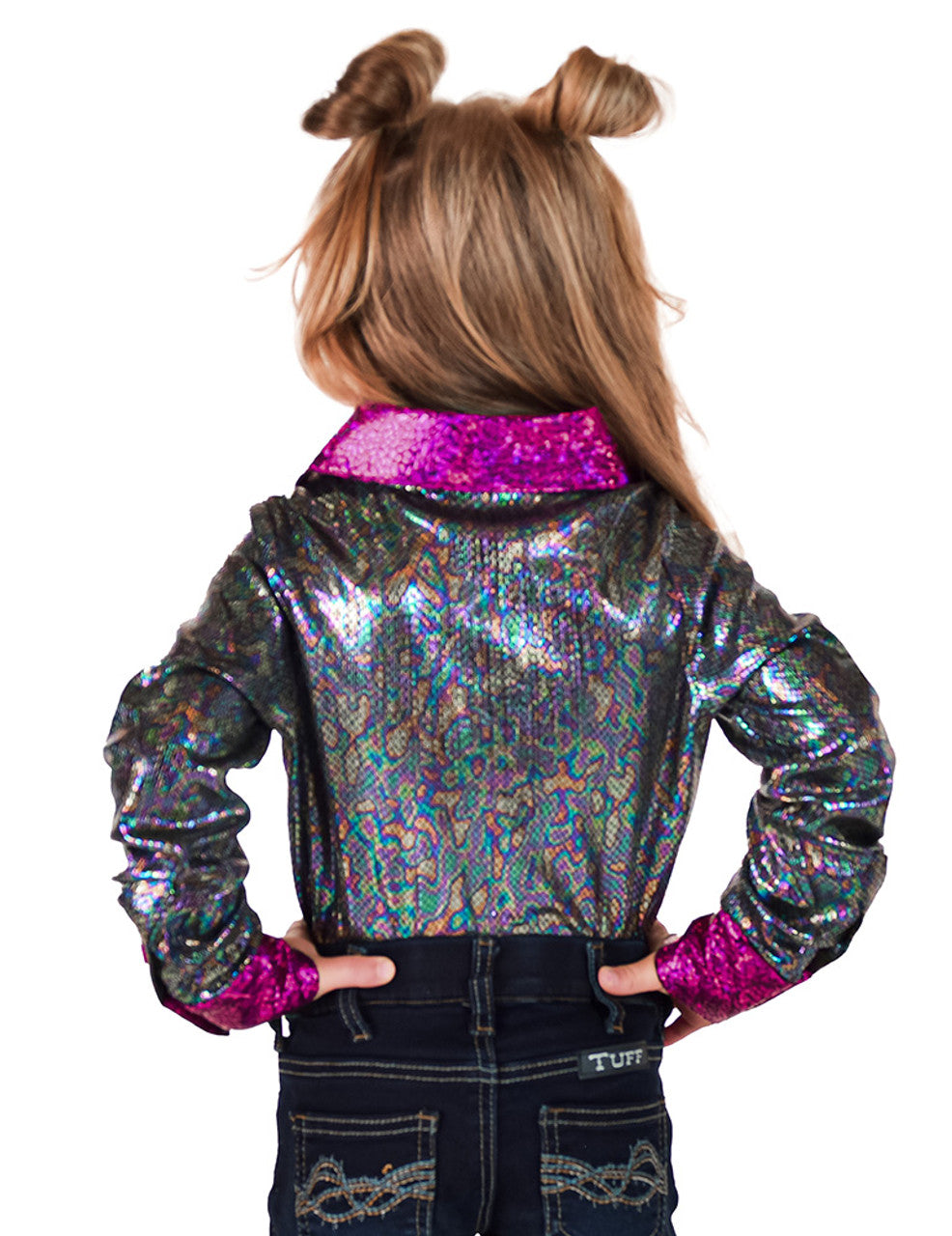 COWGIRL TUFF Girls Pullover Button Up (Multicolor Foil With Pink Accents Lightweight Stretch Jersey)