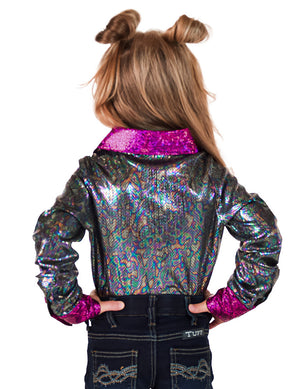 COWGIRL TUFF Girls Pullover Button Up (Multicolor Foil With Pink Accents Lightweight Stretch Jersey)