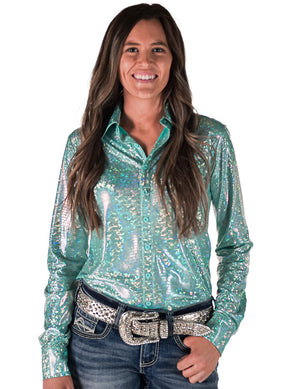 COWGIRL TUFF Pullover Button Up (Mint Holographic Foil Lightweight Stretch Jersey)
