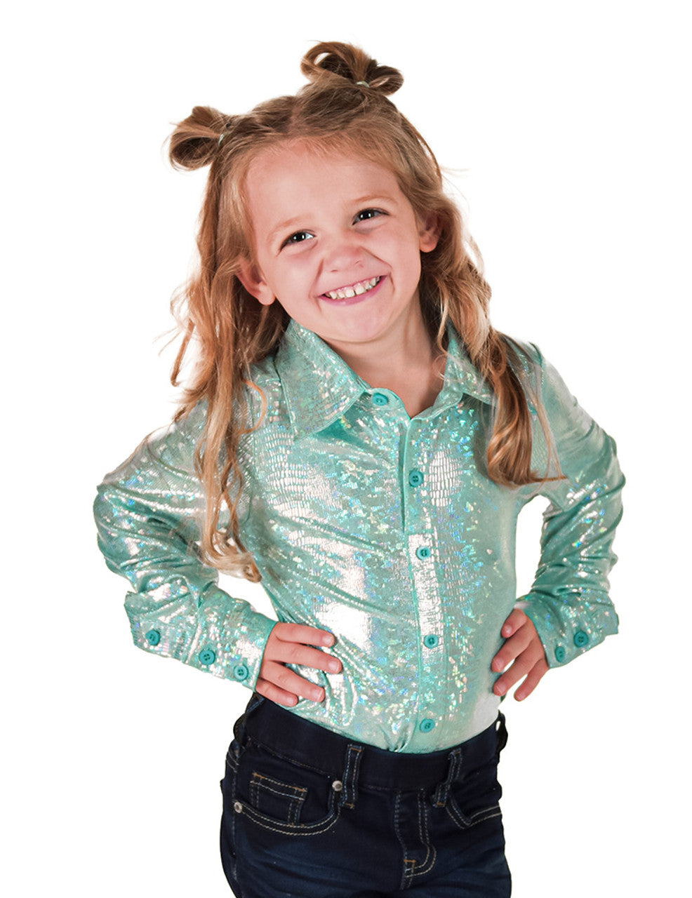 COWGIRL TUFF Girls Pullover Button Up (Mint Holographic Foil Lightweight Stretch Jersey)
