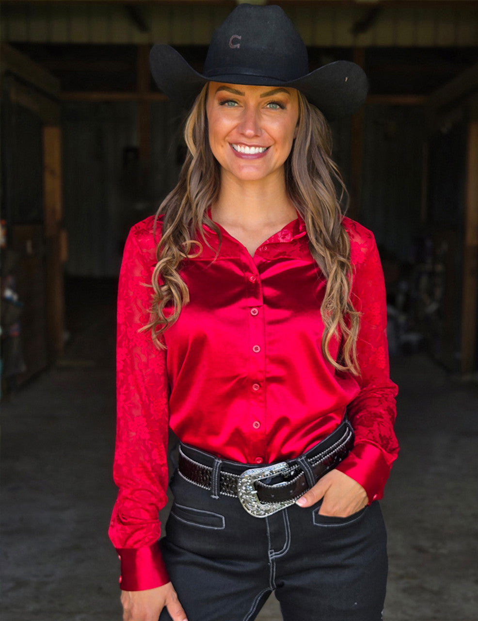COWGIRL TUFF Pullover Button Up (Rich Red Satin with Lace Sleeves Medium Weight and Stretch)