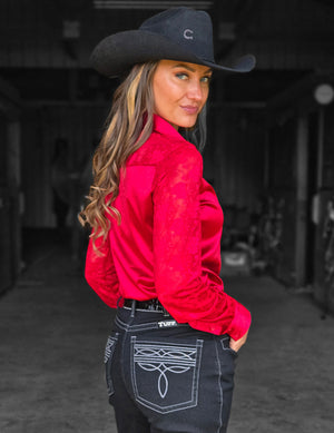 COWGIRL TUFF Pullover Button Up (Rich Red Satin with Lace Sleeves Medium Weight and Stretch)