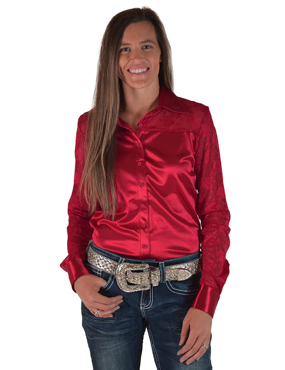 COWGIRL TUFF Pullover Button Up (Rich Red Satin with Lace Sleeves Medium Weight and Stretch)