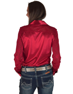 COWGIRL TUFF Pullover Button Up (Rich Red Satin with Lace Sleeves Medium Weight and Stretch)