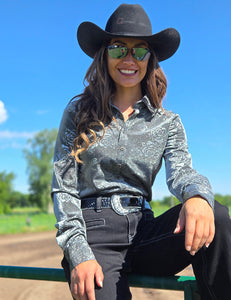 COWGIRL TUFF Pullover Button Up (Chrome Silver Gray Roses Lightweight and High Stretch)