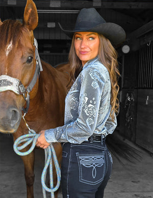 COWGIRL TUFF Pullover Button Up (Chrome Silver Gray Roses Lightweight and High Stretch)
