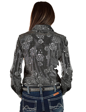 COWGIRL TUFF Pullover Button Up (Chrome Silver Gray Roses Lightweight and High Stretch)