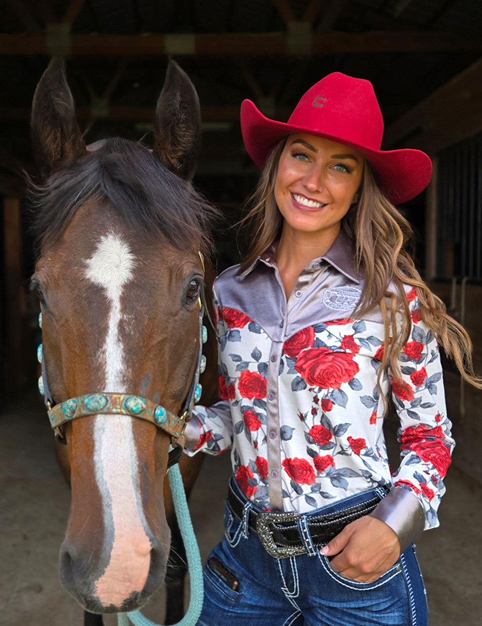 COWGIRL TUFF Pullover Button Up (Red Roses on White Jersey Finished with Embroidered Logo on Chrome Satin)