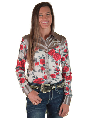 COWGIRL TUFF Pullover Button Up (Red Roses on White Jersey Finished with Embroidered Logo on Chrome Satin)