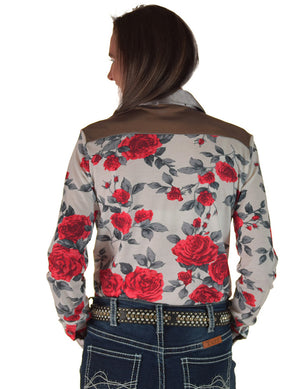 COWGIRL TUFF Pullover Button Up (Red Roses on White Jersey Finished with Embroidered Logo on Chrome Satin)