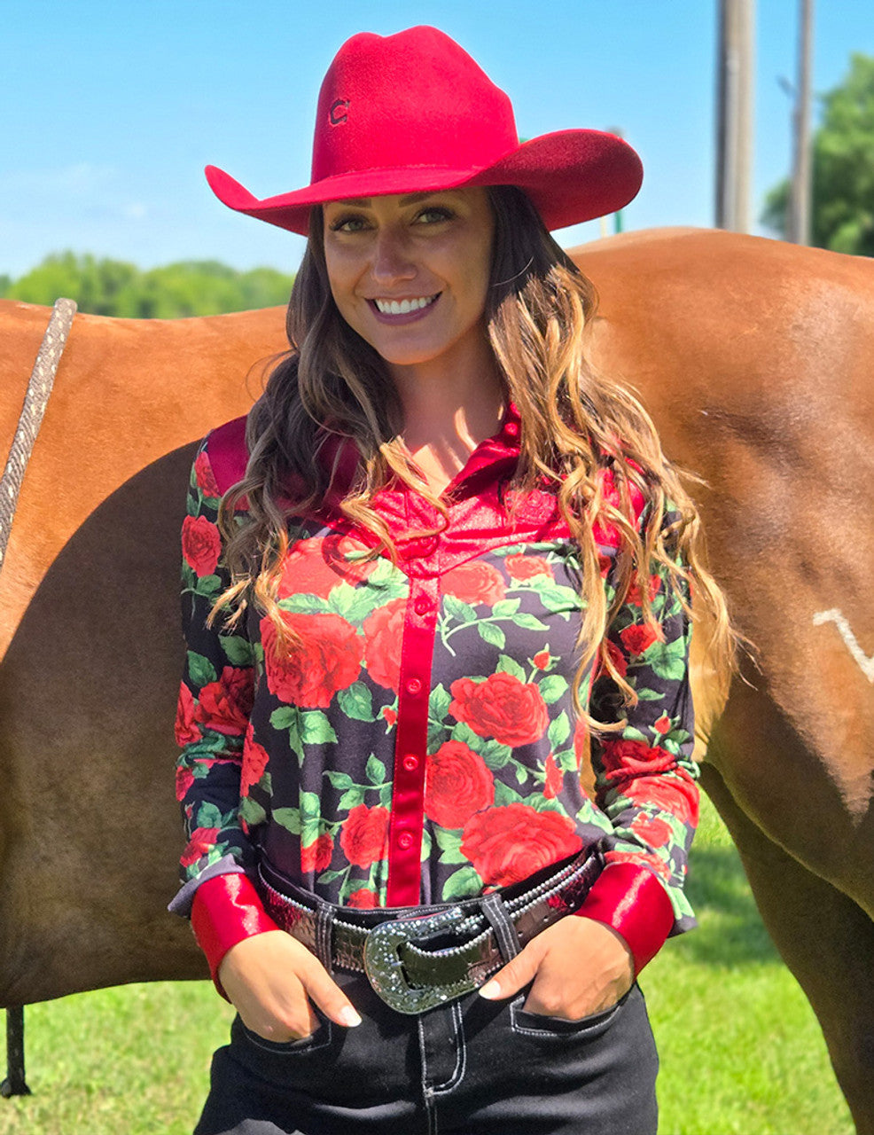 COWGIRL TUFF Pullover Button Up (Red Roses on Black Jersey Finished with Embroidered Logo on Red Satin)