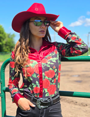 COWGIRL TUFF Pullover Button-Up (Red Roses on Black Jersey Finished with Embroidered Logo on Red Satin)