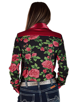 COWGIRL TUFF Pullover Button-Up (Red Roses on Black Jersey Finished with Embroidered Logo on Red Satin)