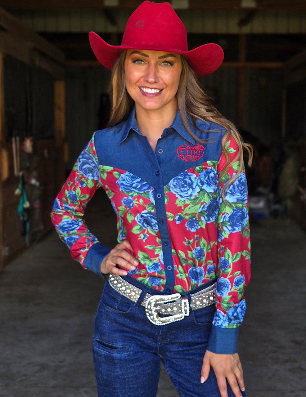 COWGIRL TUFF Pullover Button Up (Blue Roses on Red Jersey Finished with Embroidered Logo on Denim)