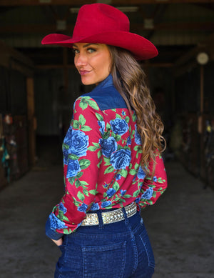 COWGIRL TUFF Pullover Button Up (Blue Roses on Red Jersey Finished with Embroidered Logo on Denim)